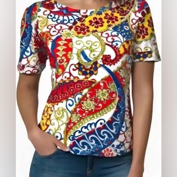 Talbots Red and Blue Paisley Tab Sleeve Top Cotton Stretch Sz S - Picture 13 of 13